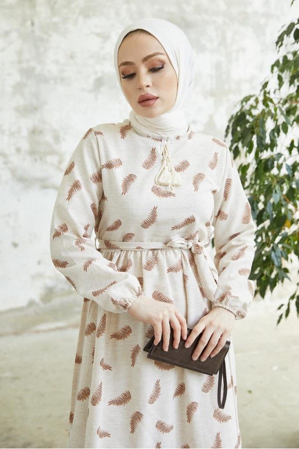  Keten Desenli Tesettür Elbie Kahve 2203