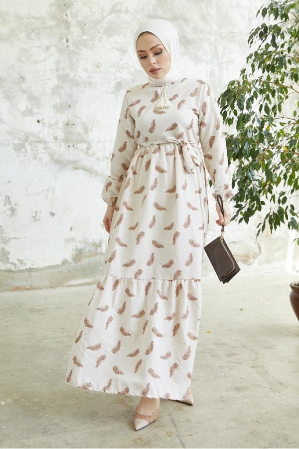  Keten Desenli Tesettür Elbie Kahve 2203