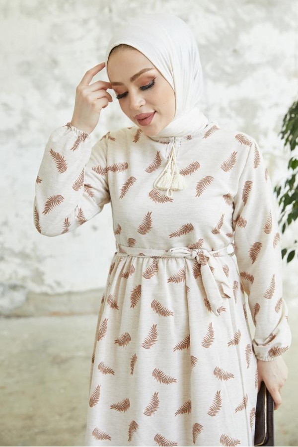  Keten Desenli Tesettür Elbie Kahve 2203