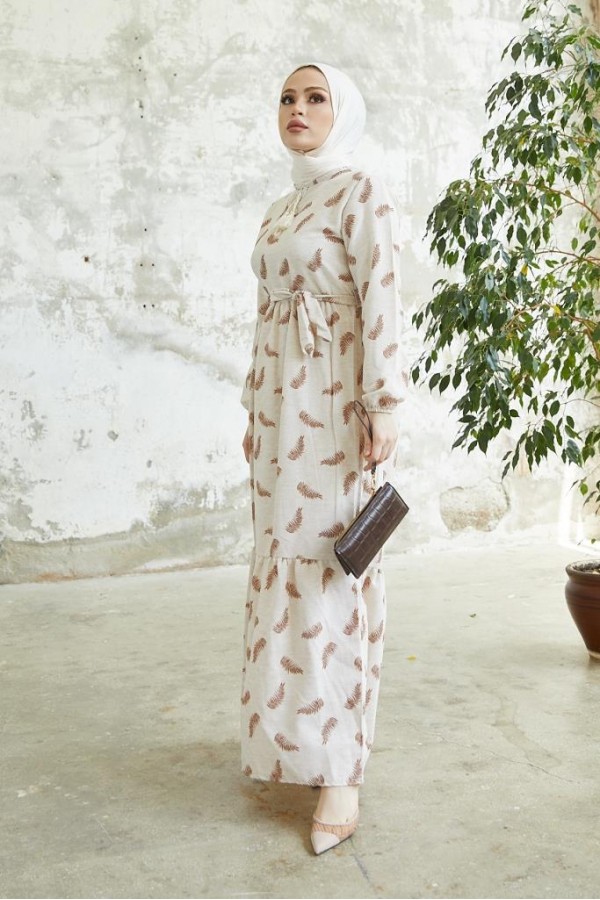  Keten Desenli Tesettür Elbie Kahve 2203