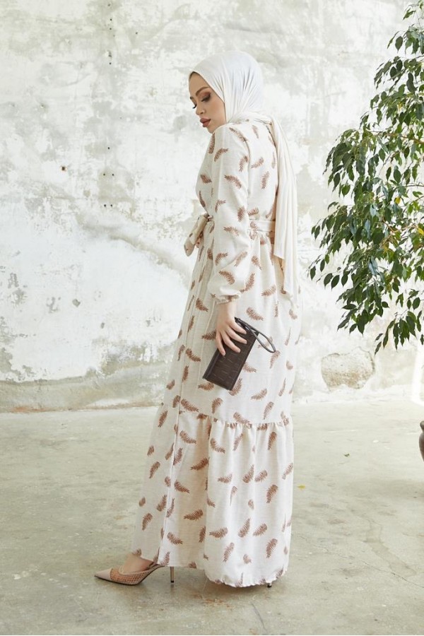  Keten Desenli Tesettür Elbie Kahve 2203