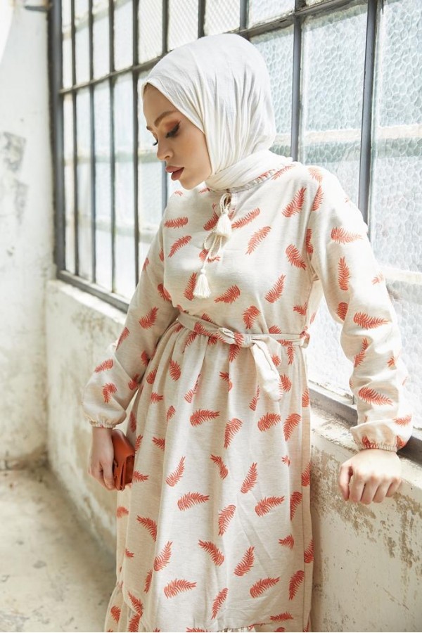  Keten Desenli Tesettür Elbie Oranj 2203