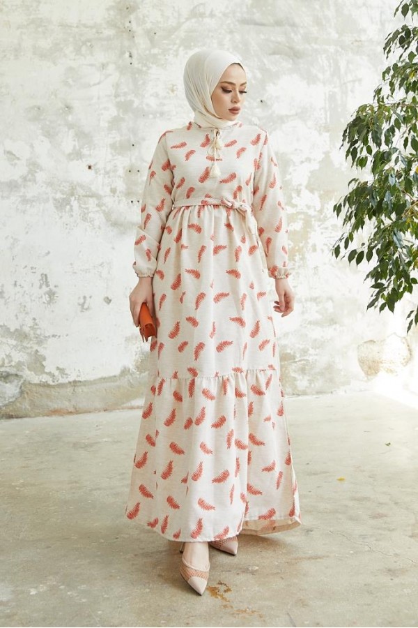  Keten Desenli Tesettür Elbie Oranj 2203