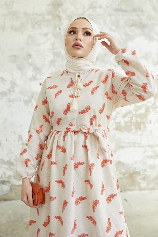  Keten Desenli Tesettür Elbie Oranj 2203