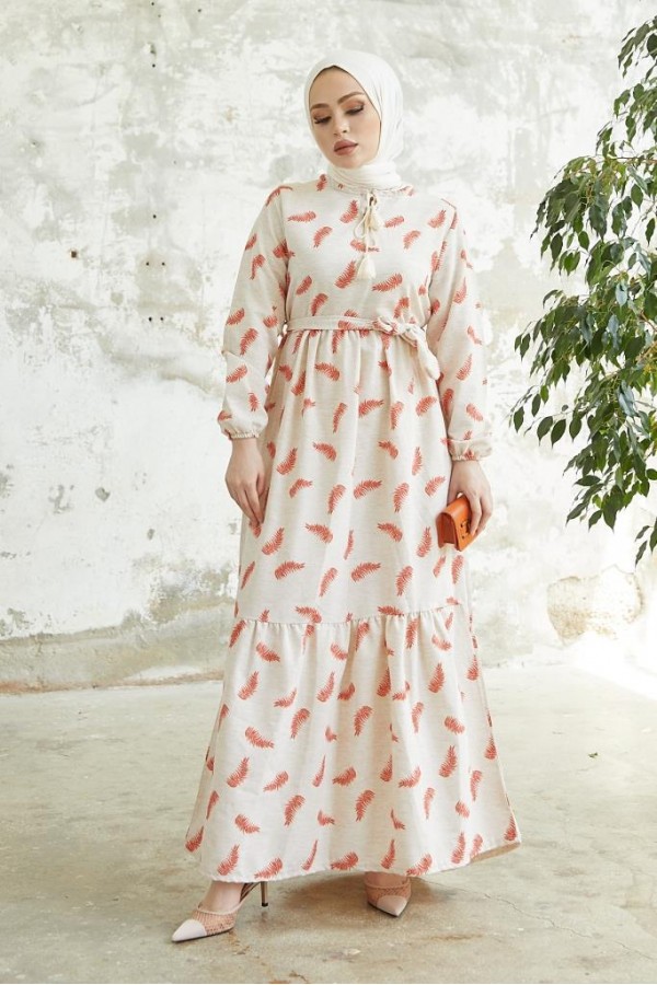  Keten Desenli Tesettür Elbie Oranj 2203