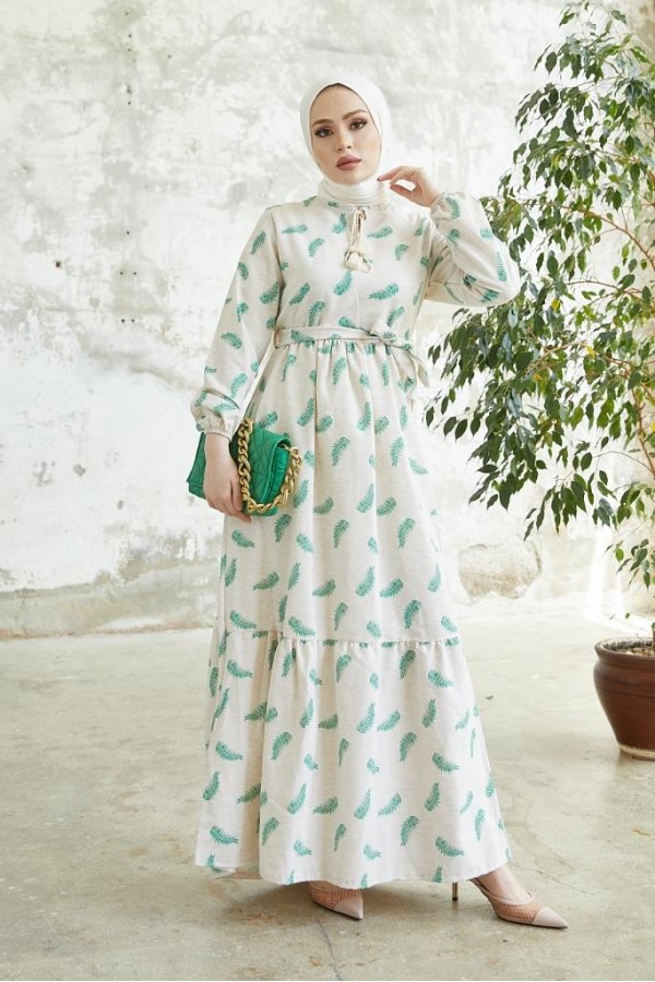  Keten Desenli Tesettür Elbie Yeşil 2203