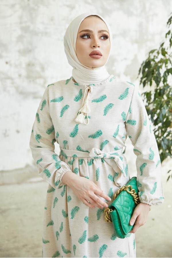  Keten Desenli Tesettür Elbie Yeşil 2203