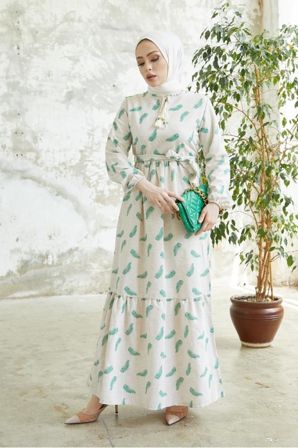  Keten Desenli Tesettür Elbie Yeşil 2203
