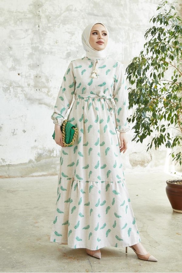  Keten Desenli Tesettür Elbie Yeşil 2203