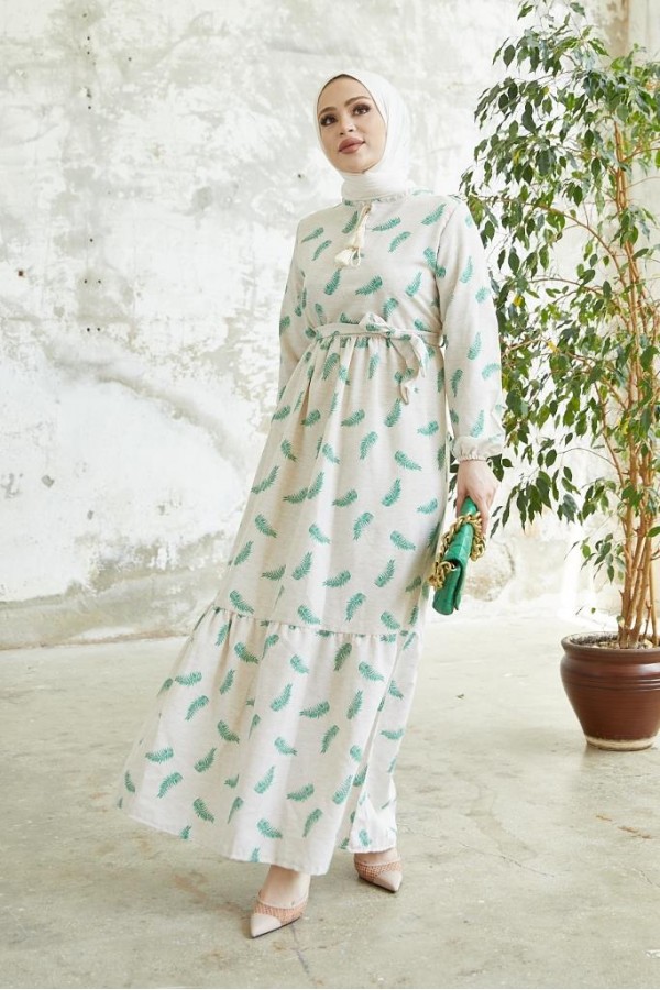  Keten Desenli Tesettür Elbie Yeşil 2203