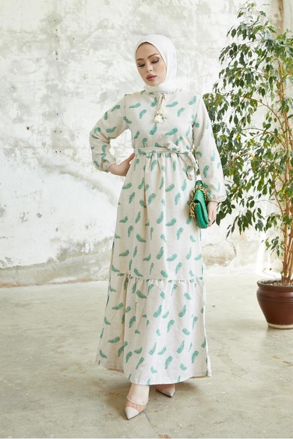  Keten Desenli Tesettür Elbie Yeşil 2203