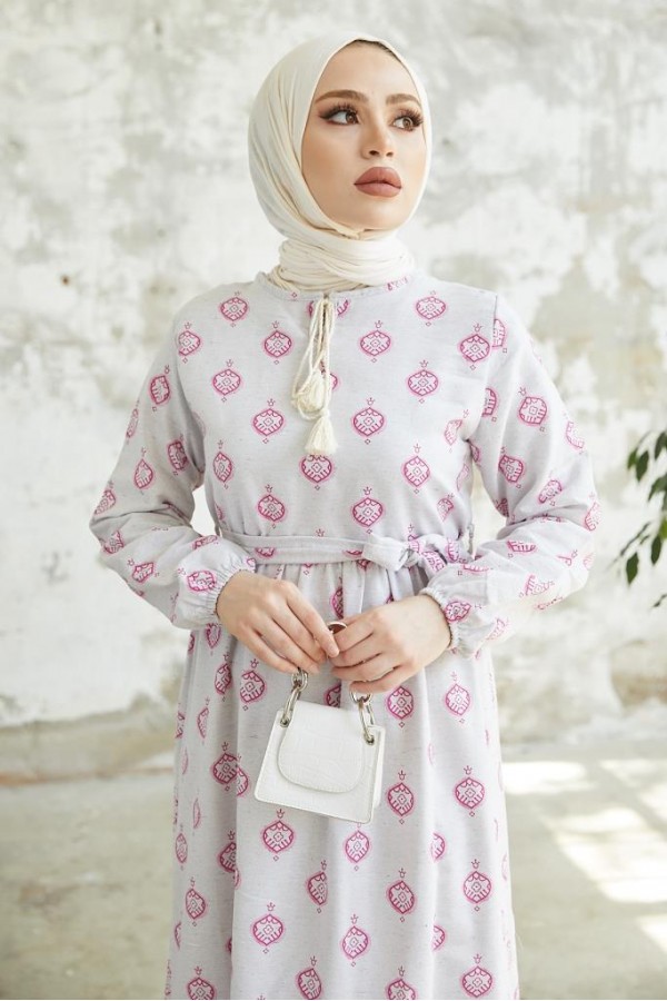  Keten Desenli Tesettür Elbise Fuşya 2204