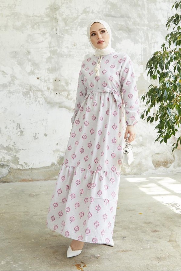  Keten Desenli Tesettür Elbise Fuşya 2204