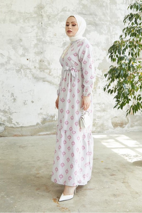  Keten Desenli Tesettür Elbise Fuşya 2204