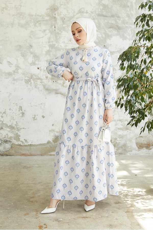  Keten Desenli Tesettür Elbise Mavi 2204