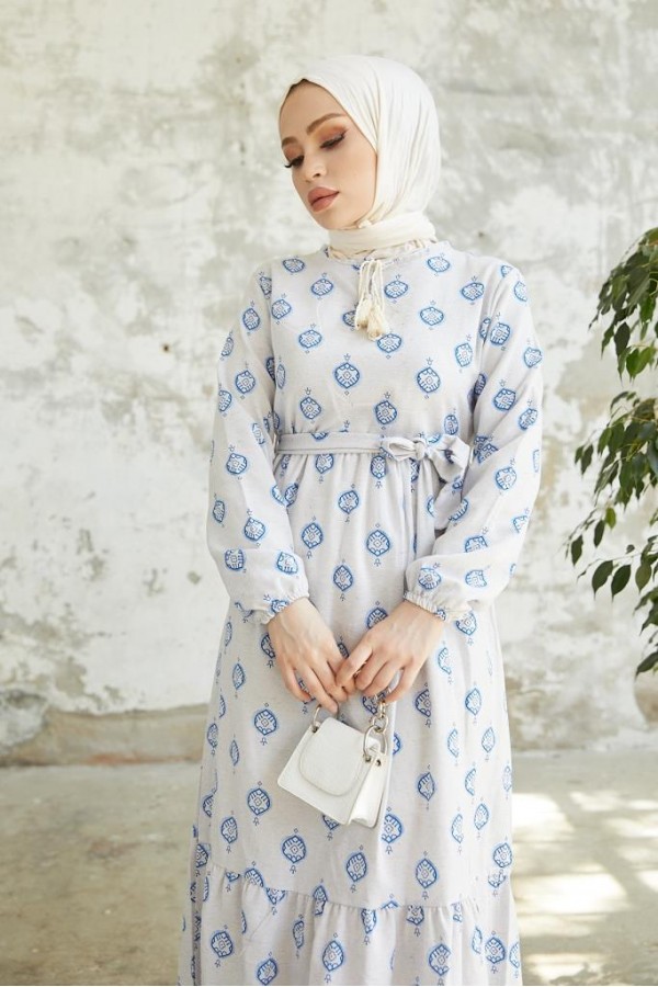  Keten Desenli Tesettür Elbise Mavi 2204