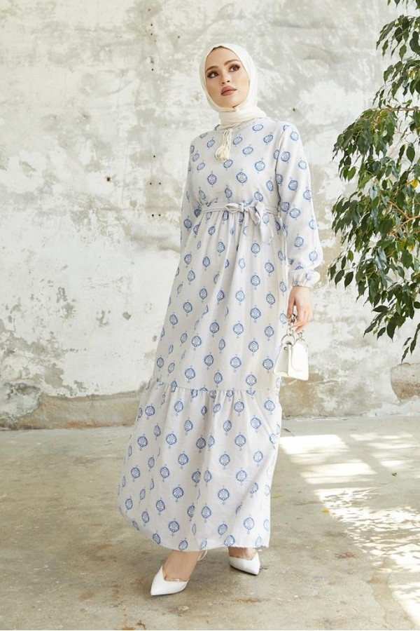  Keten Desenli Tesettür Elbise Mavi 2204
