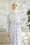  Keten Desenli Tesettür Elbise Mavi 2204