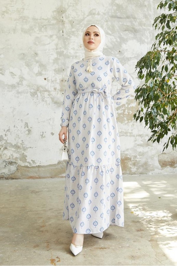  Keten Desenli Tesettür Elbise Mavi 2204