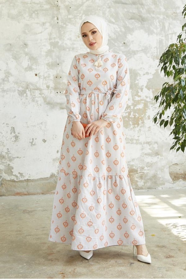  Keten Desenli Tesettür Elbise Oranj 2204