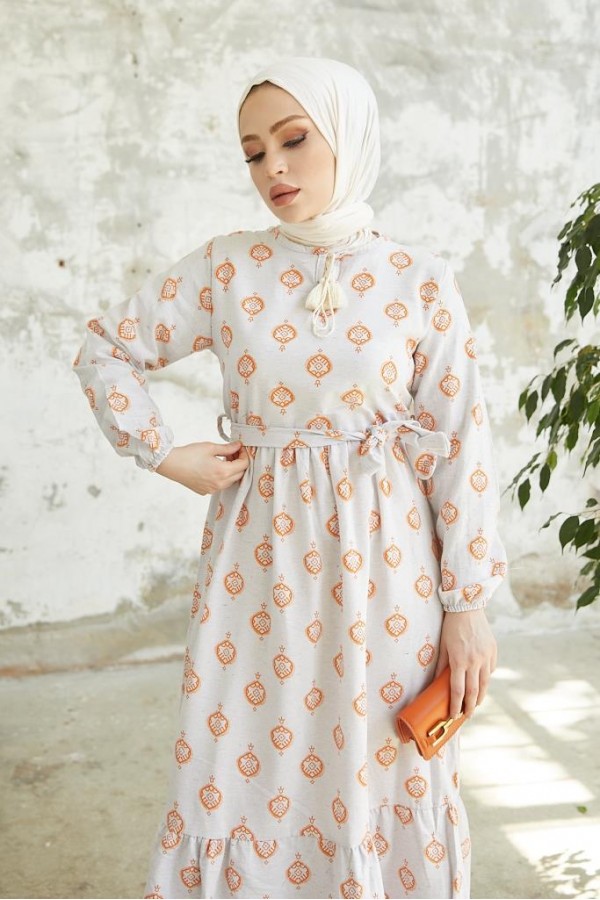  Keten Desenli Tesettür Elbise Oranj 2204