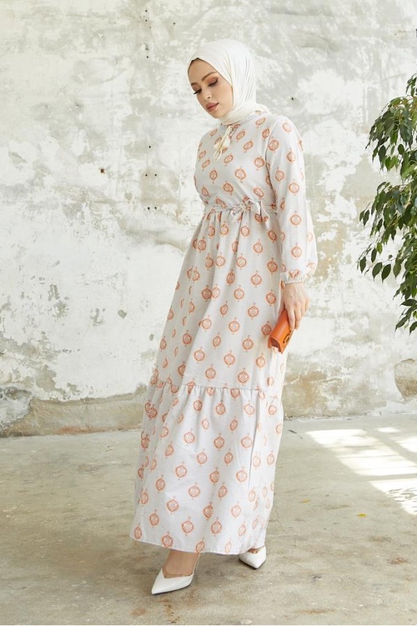 Keten Desenli Tesettür Elbise Oranj 2204