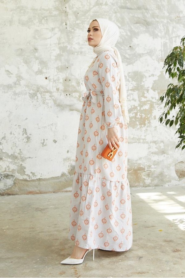  Keten Desenli Tesettür Elbise Oranj 2204