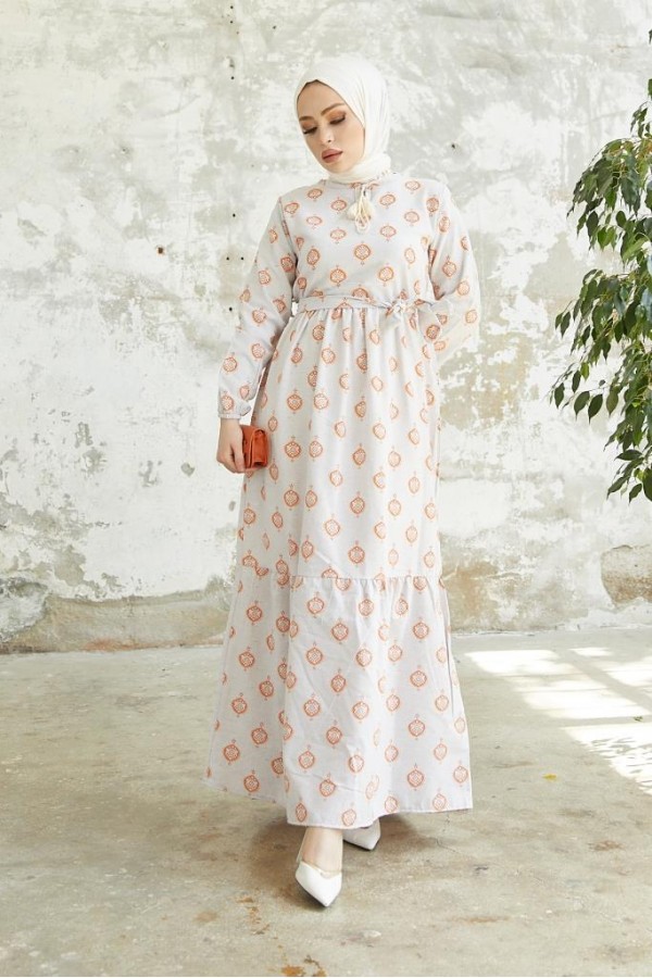  Keten Desenli Tesettür Elbise Oranj 2204