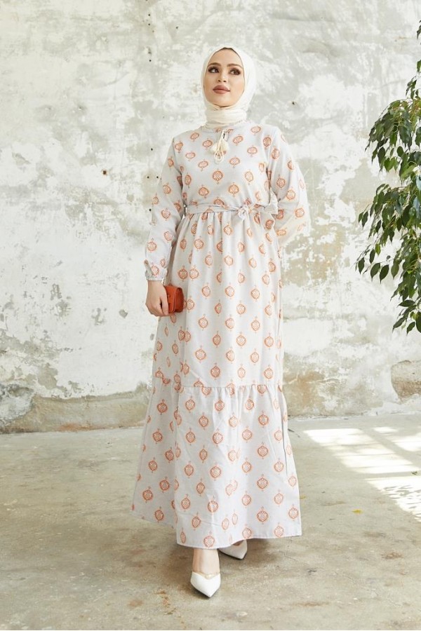  Keten Desenli Tesettür Elbise Oranj 2204