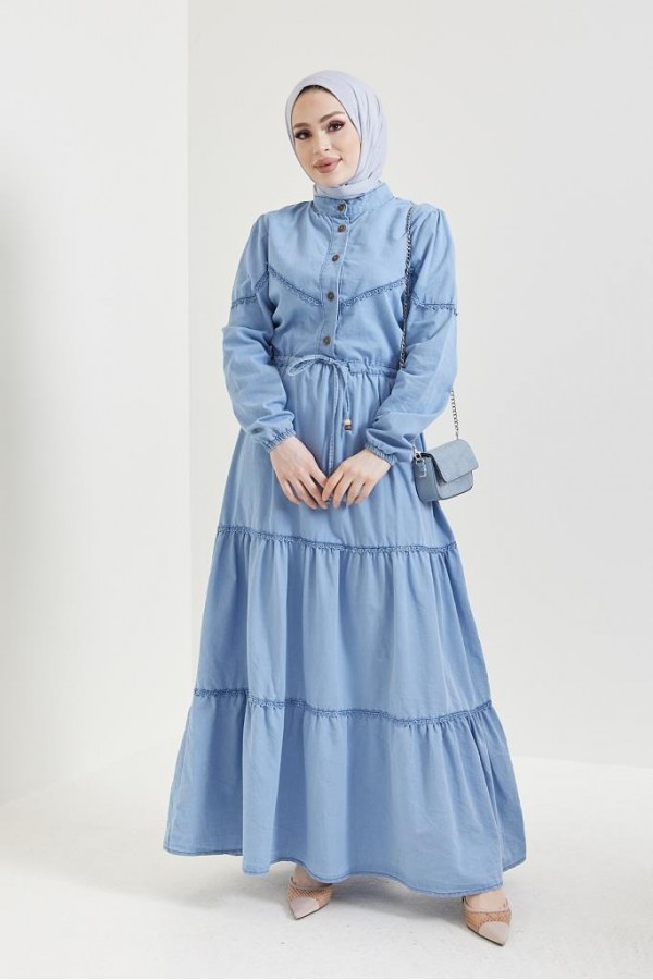  Dantel Detayli Kot Tesettür Elbi̇se Buz Mavisi