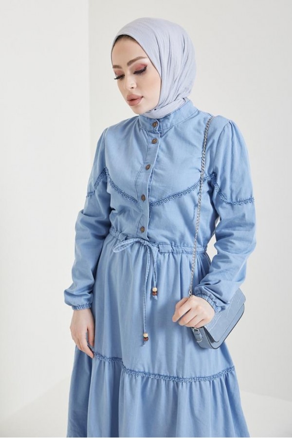  Dantel Detayli Kot Tesettür Elbi̇se Buz Mavisi