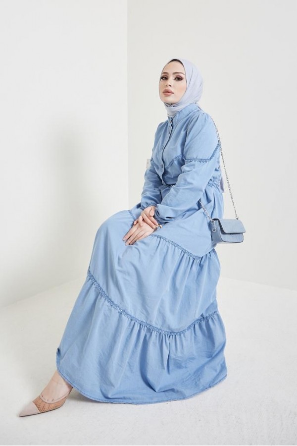  Dantel Detayli Kot Tesettür Elbi̇se Buz Mavisi
