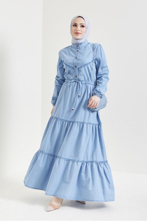 Dantel Detayli Kot Tesettür Elbi̇se Buz Mavisi