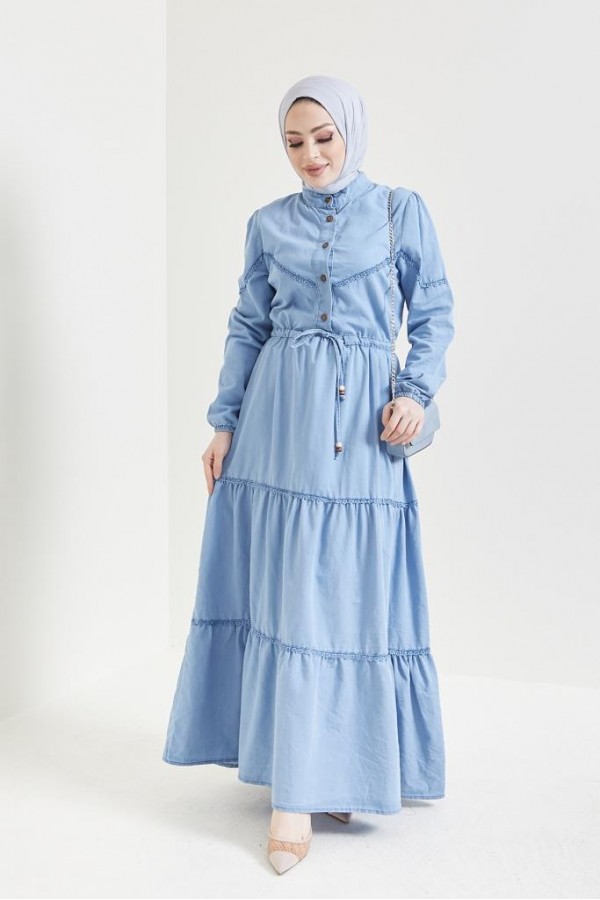  Dantel Detayli Kot Tesettür Elbi̇se Buz Mavisi