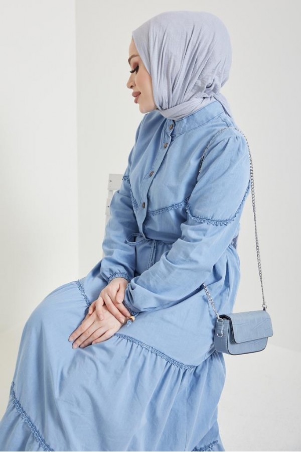  Dantel Detayli Kot Tesettür Elbi̇se Buz Mavisi