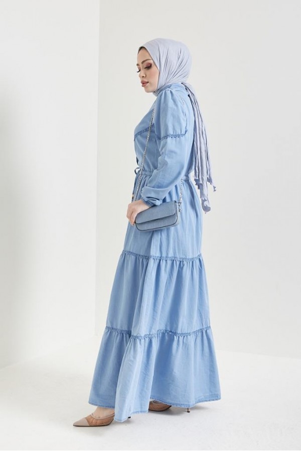  Dantel Detayli Kot Tesettür Elbi̇se Buz Mavisi