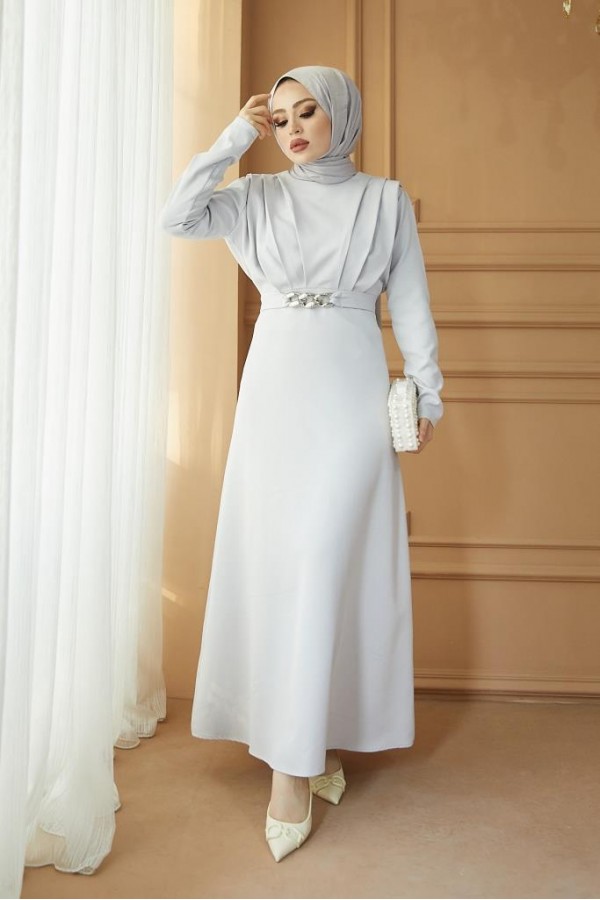  Yaka Piliseli Tesettür Elbise Gri 1625
