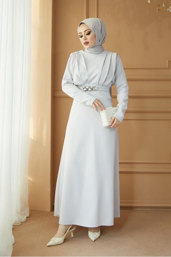  Yaka Piliseli Tesettür Elbise Gri 1625