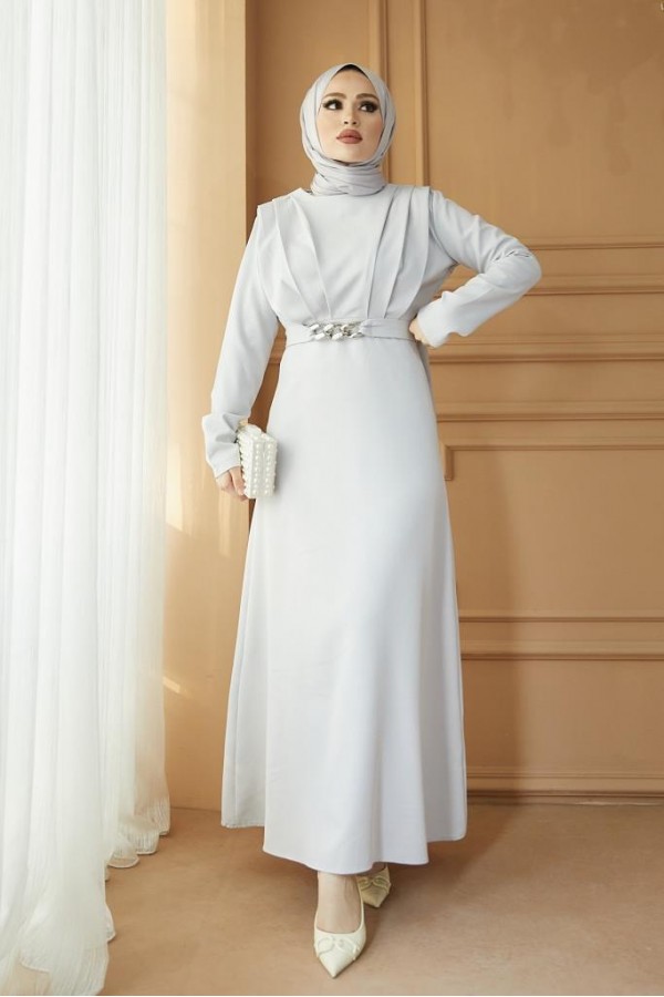  Yaka Piliseli Tesettür Elbise Gri 1625