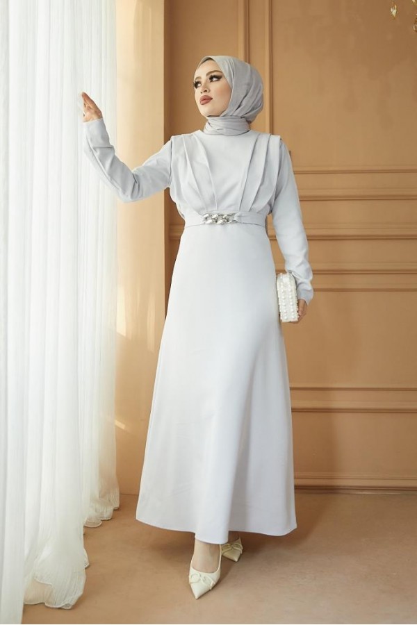  Yaka Piliseli Tesettür Elbise Gri 1625