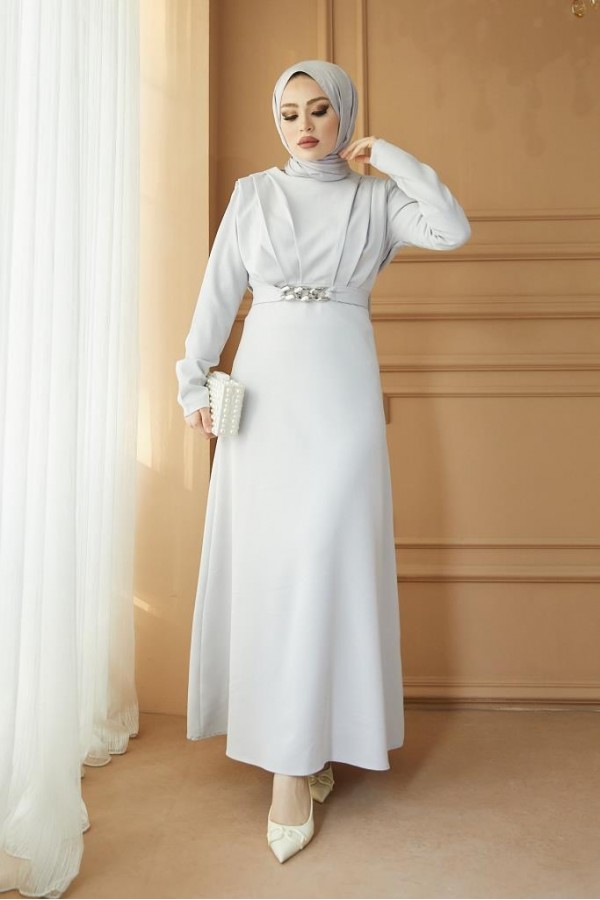  Yaka Piliseli Tesettür Elbise Gri 1625