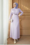  Yaka Piliseli Tesettür Elbise Lila 1625