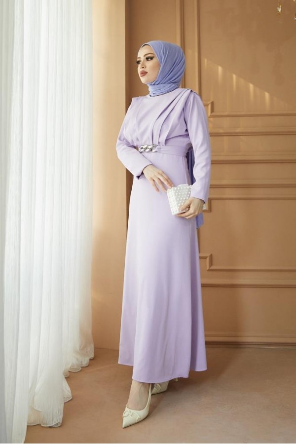  Yaka Piliseli Tesettür Elbise Lila 1625