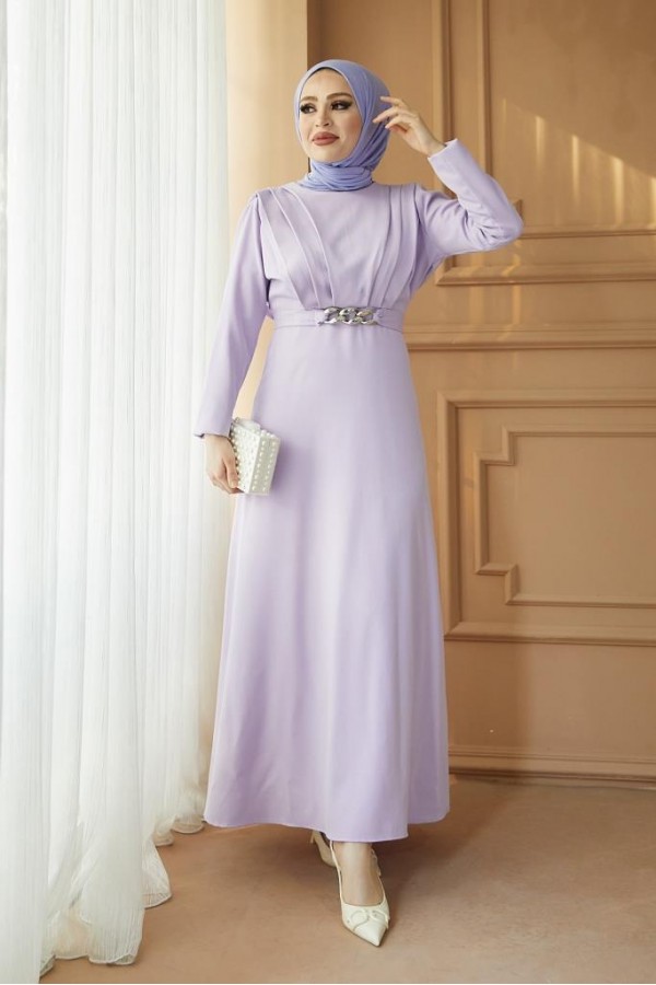  Yaka Piliseli Tesettür Elbise Lila 1625