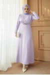  Yaka Piliseli Tesettür Elbise Lila 1625