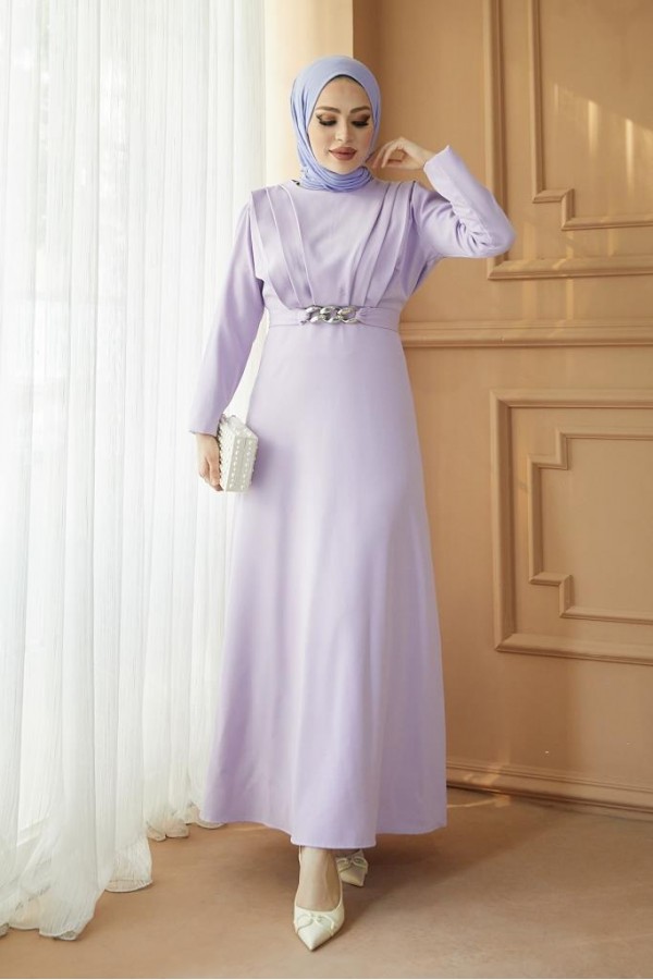  Yaka Piliseli Tesettür Elbise Lila 1625