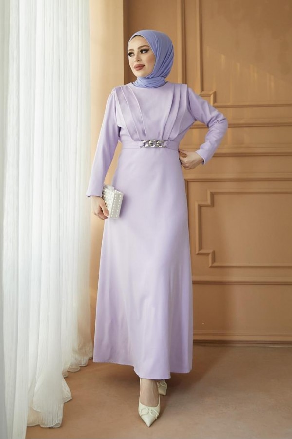  Yaka Piliseli Tesettür Elbise Lila 1625