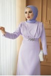  Yaka Piliseli Tesettür Elbise Lila 1625