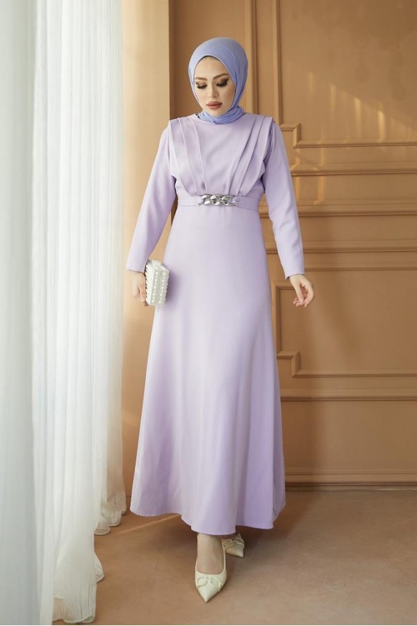  Yaka Piliseli Tesettür Elbise Lila 1625