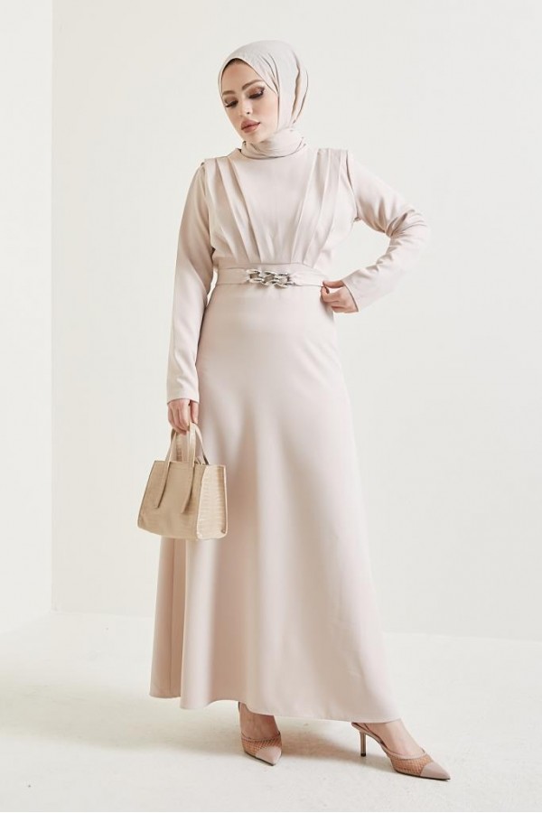  Yaka Piliseli Tesettür Elbise Taş 1625